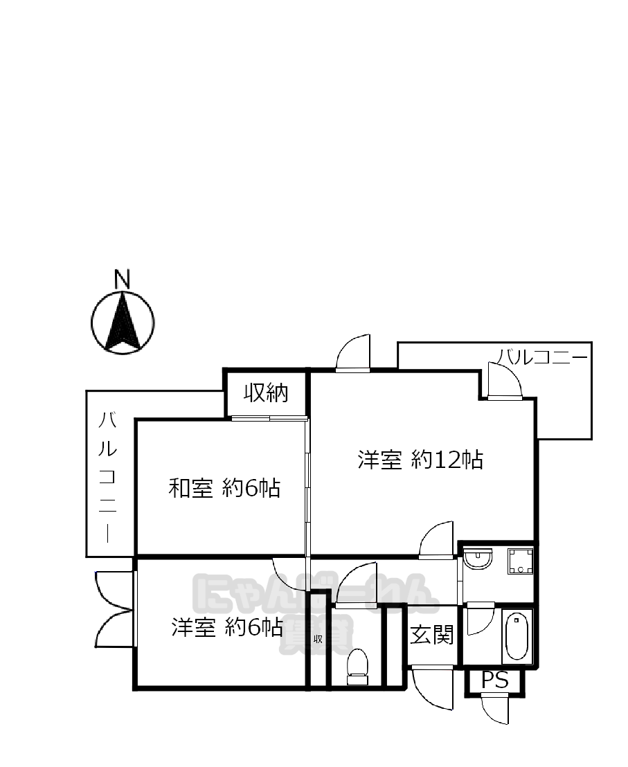 城陽市平川茶屋裏21-1の賃貸マンション「ハウス・ローゼンガーデン」2 LDKの間取り図
