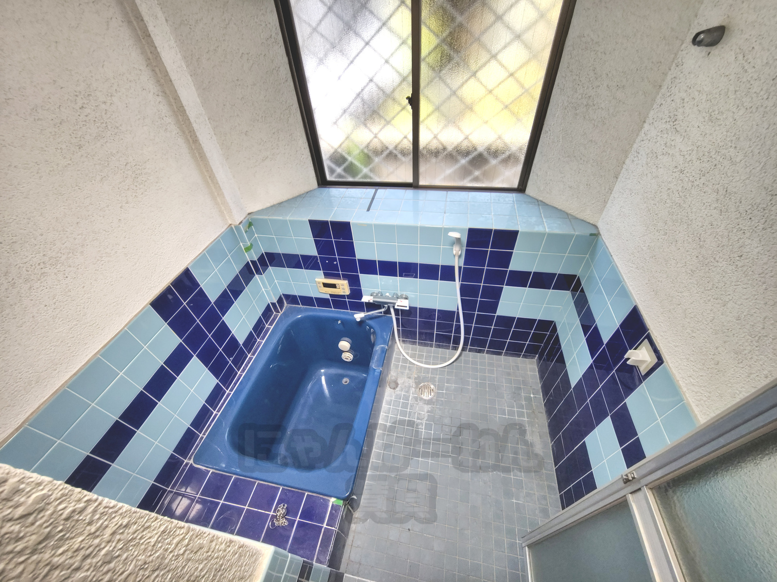 京都府宇治市小倉町久保のペット可賃貸物件の青と水色のタイル張りの浴室、窓付き