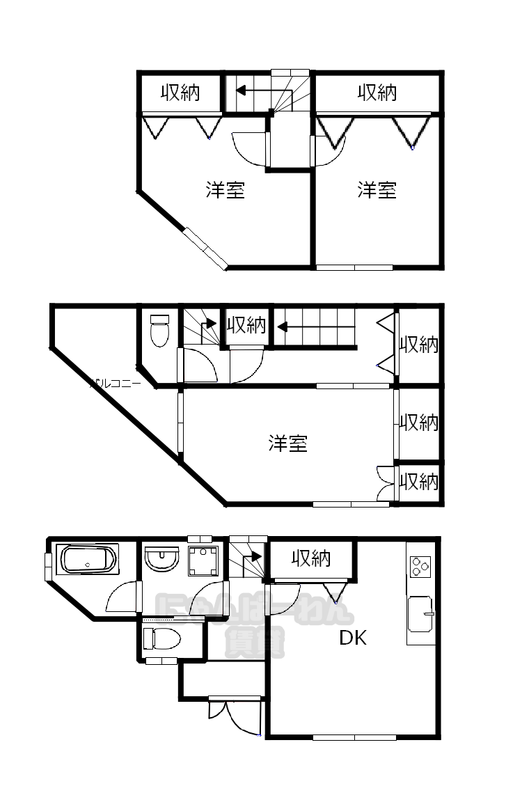八幡市八幡長町37-42の戸建て3 DKの間取り図